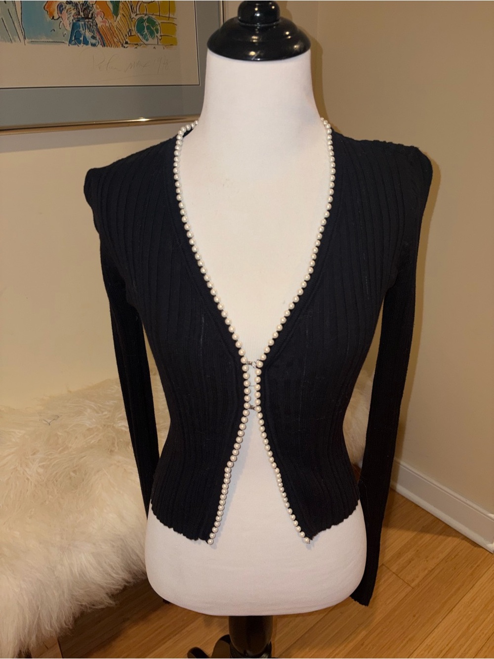 MILLAU RIBBED BLACK PEARL BEADED CARDIGAN